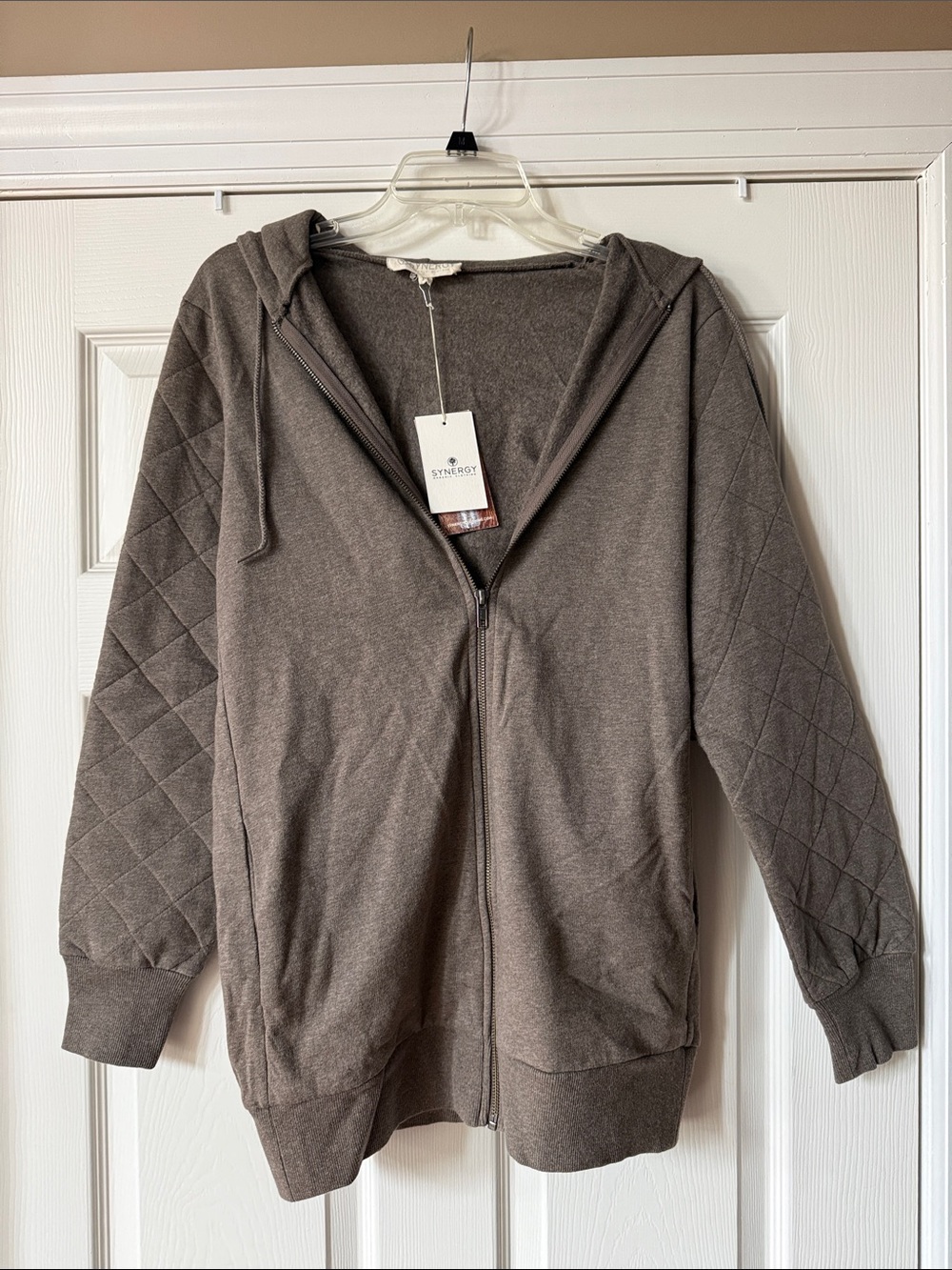 Synergy Quilted-Sleeve Zip Hoodie in Taupe